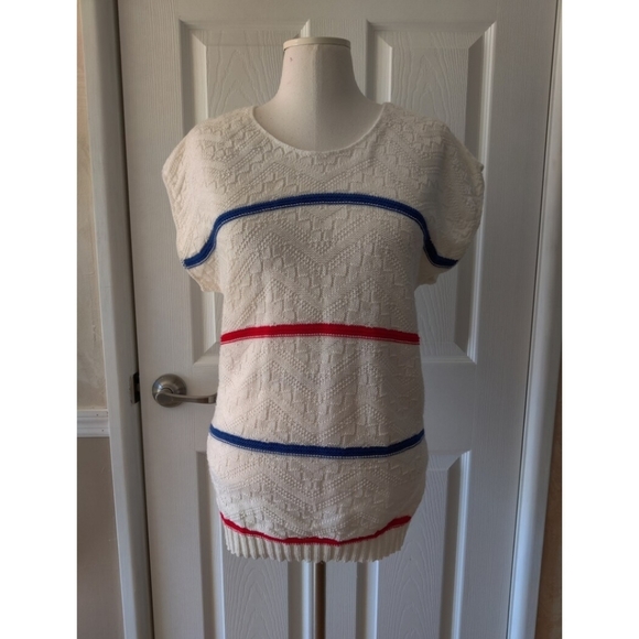 Small/Medium 80s Red White & Blue Short Sleeve Sweater - Picture 1 of 8